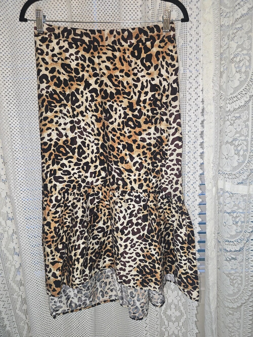 Mlle Gabrielle Tiered Leopard Maxi Skirt, Elastic Waist Linen, Small